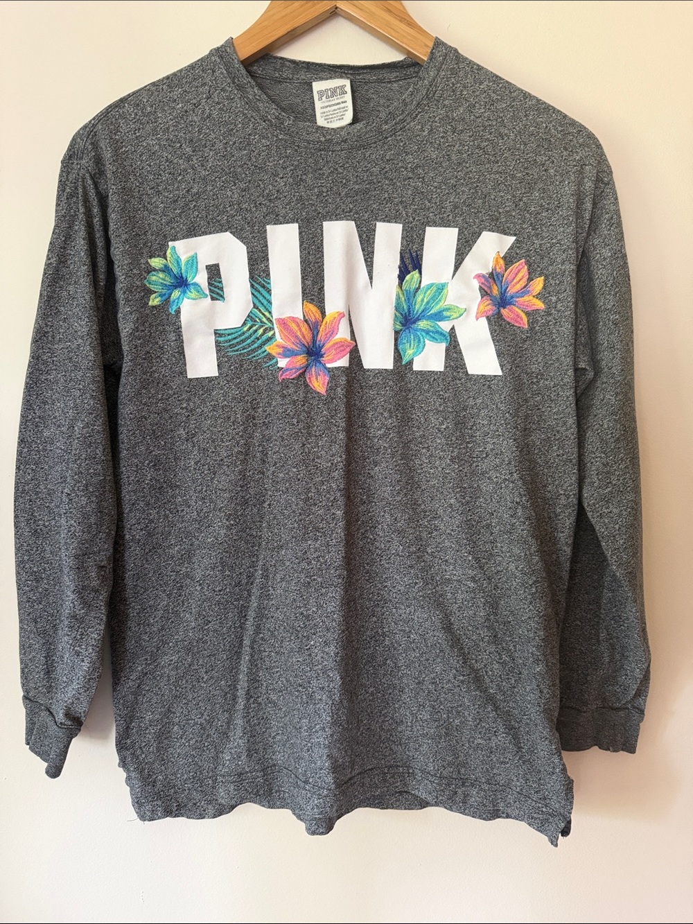 PINK Victoria's Secret Gray Long-Sleeve Tee with Tropical Floral Logo